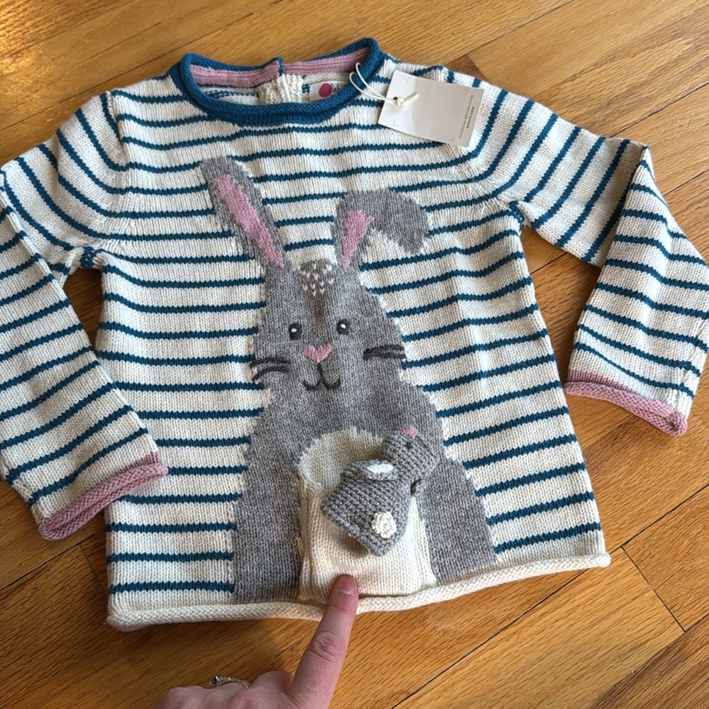 Baby Boden Blue and White Bunny Sweater - Picture 2 of 2